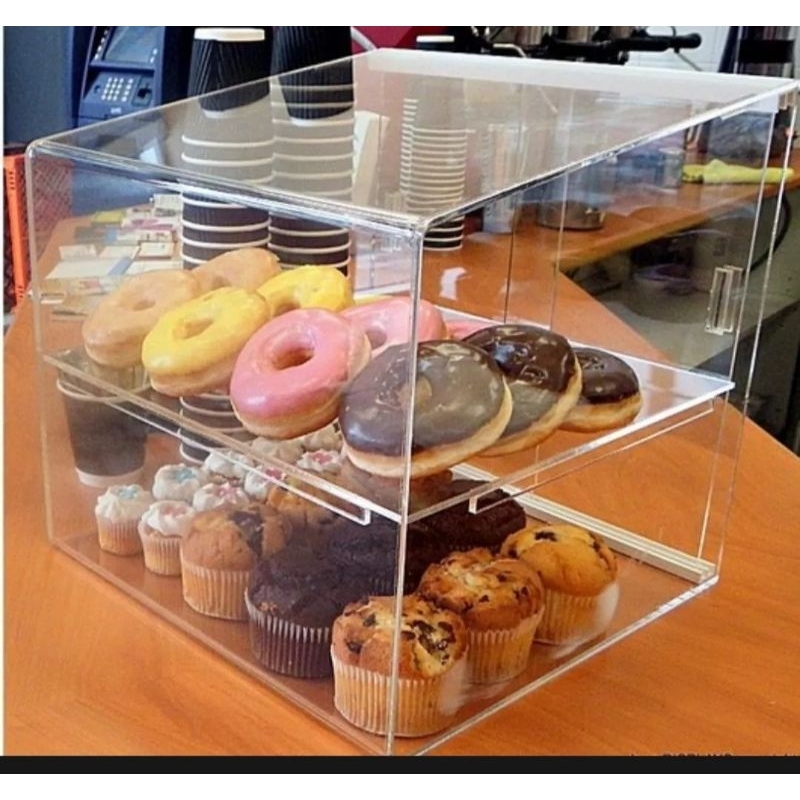 Etalase Makanan Akrilik Bening Sliding Door 30x30x30 cm untuk Pajangan Kue dan Roti