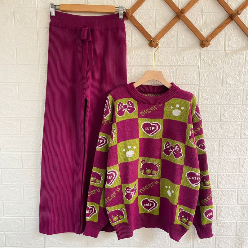 ISNIM SWEATER RAJUT OVERSIZE MOTIF CUTELOVE ATASAN LENGAN PANJANG WANITA