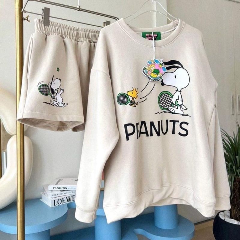 SETELAN OLAHRAGA JOGGING CEWEK ATASAN SWEATER PEANUT CELANA PENDEK BAHAN FLEECE PREMIUM ONE SET SPOR