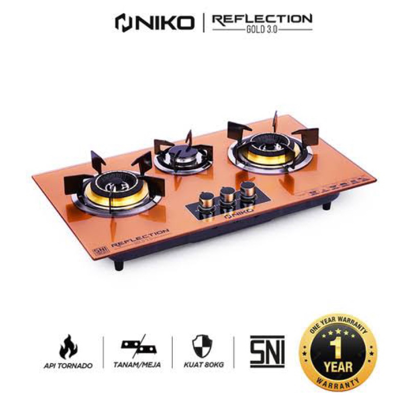 Niko Reflection Gold 3.0 Kompor Gas TANAM Tempered Glass pematik Otomatis