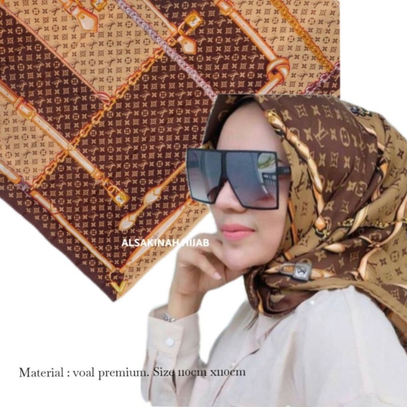 HIJAB SEGI EMPAT MOTIF LV TERMURAH BEST SELLER COKLAT SERIES VOAL PREMIUM