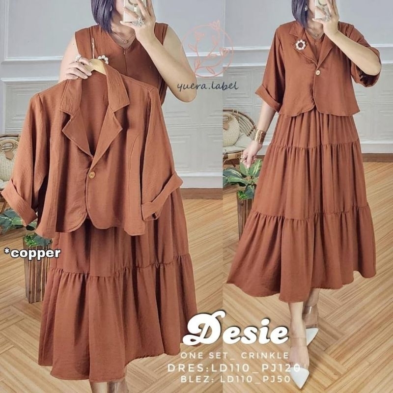 DESIE ONE SET SETELAN DRESS MIDI OUTER BLAZER WANITA CASUAL POLOS BAHAN CRINKLE LD 110 CM FIT XXL HI