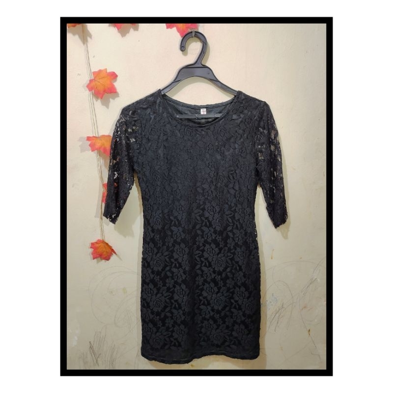 Dress Tile Hitam Motif Bunga | Dress Kondangan/Pesta Brukat Hitam | Midi Dress ABG Tanggung