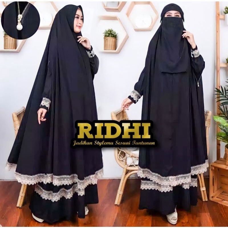 (Hitam) Set Setelan Gamis Malaika lengan khimar Resleting Bolong Roundhand zipper Renda free cadar b