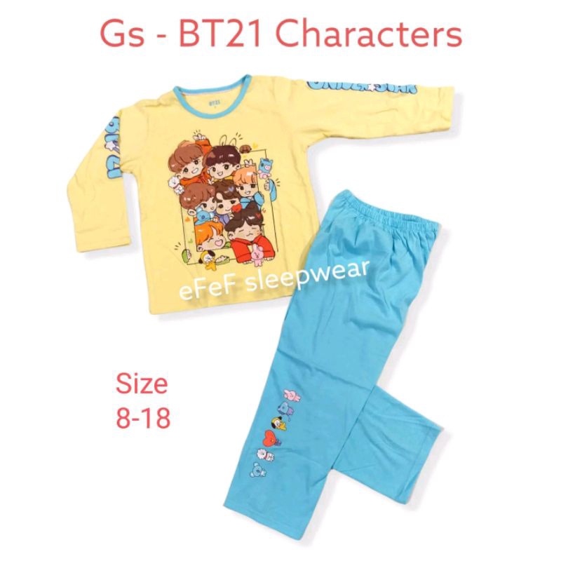 efef setelan baju tidur kaos anak perempuan BT21 Character yellow
