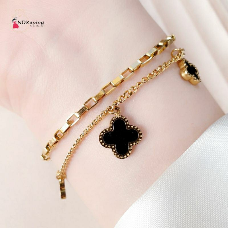 Gelang Tangan Wanita Rantai Titanium 2 Layer Mata Hitam N16032305