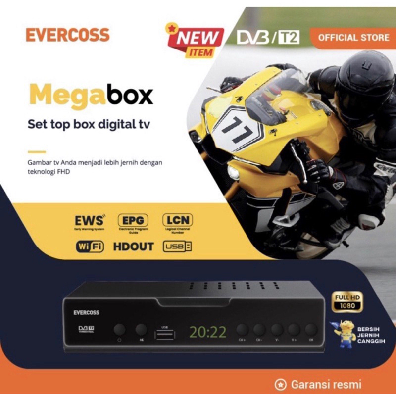 EVERCOSS MAX Kuning Set Top Box Receiver STB DVB T2 HD Terbaru DVB T-2