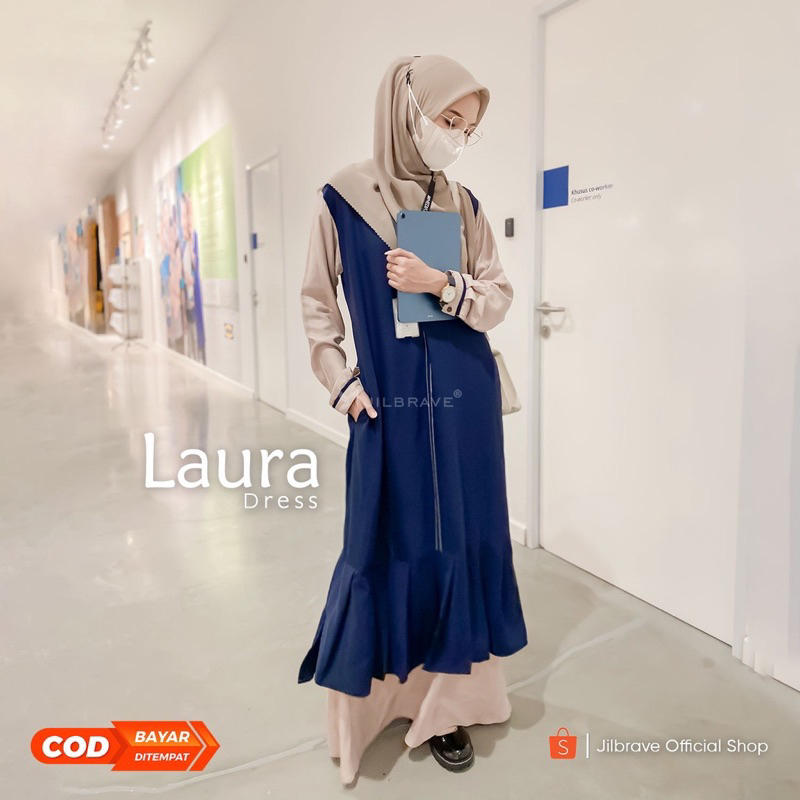 LAURA DRESS JILBRAVE | Smart Casual Dress model pinggang Loose dan Rok Lipit