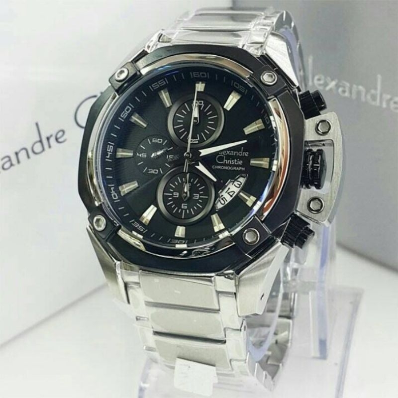 ALEXANDRE CHRISTIE JAM TANGAN PRIA 6225 MCBTBBA BLACK SILVER TALI RANTAI STAINLESS STEEL ORIGINAL