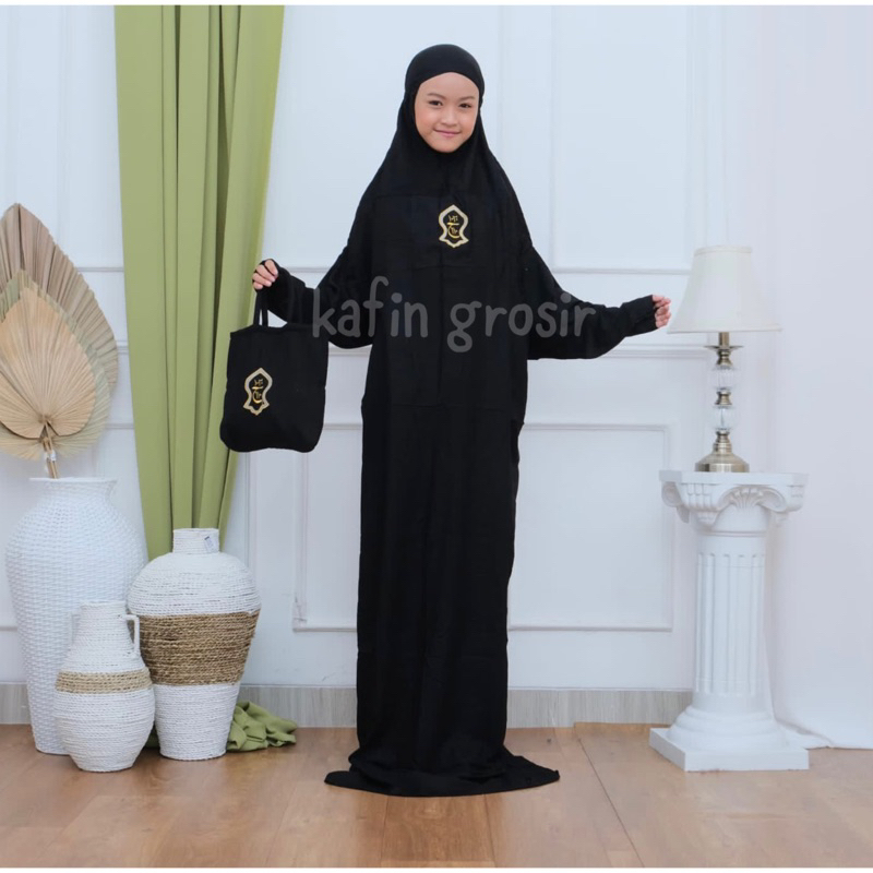 Mukena HITAM PUTIH Anak Remaja usia 10-14 tahun Terompah Terusan Bali Polos Mukenah Hadramaut Rayon Anak