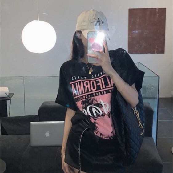 baju atasan wanita/kekinian american retro kemeja hitam wanita lengan pendek rap hiphop motif printed t-shirt import kaos couple ootd