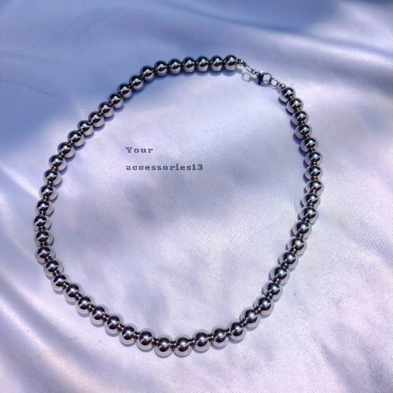 Kalung Choker Stainless Steel Anti Karat Boba Silver Beads Necklace