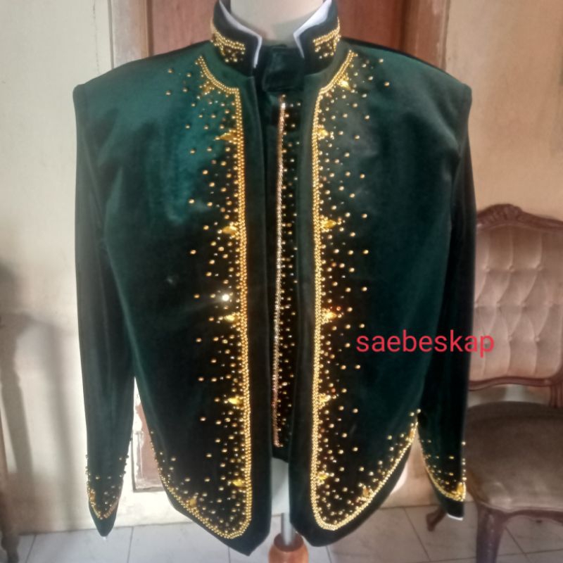 beskap pengantin jawa/beskap bludru hijau mutiara lapisan tebal