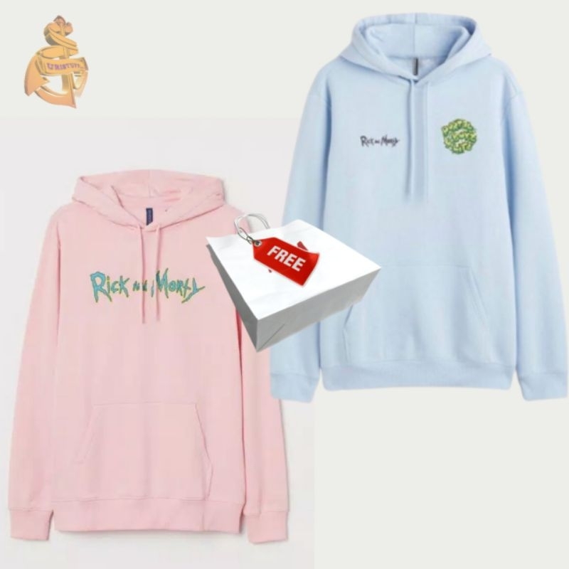 Hoodie H&amp;m Rick N Morty Pink Blue Hnm Pria Wanita Full Tag Free Paper Bag