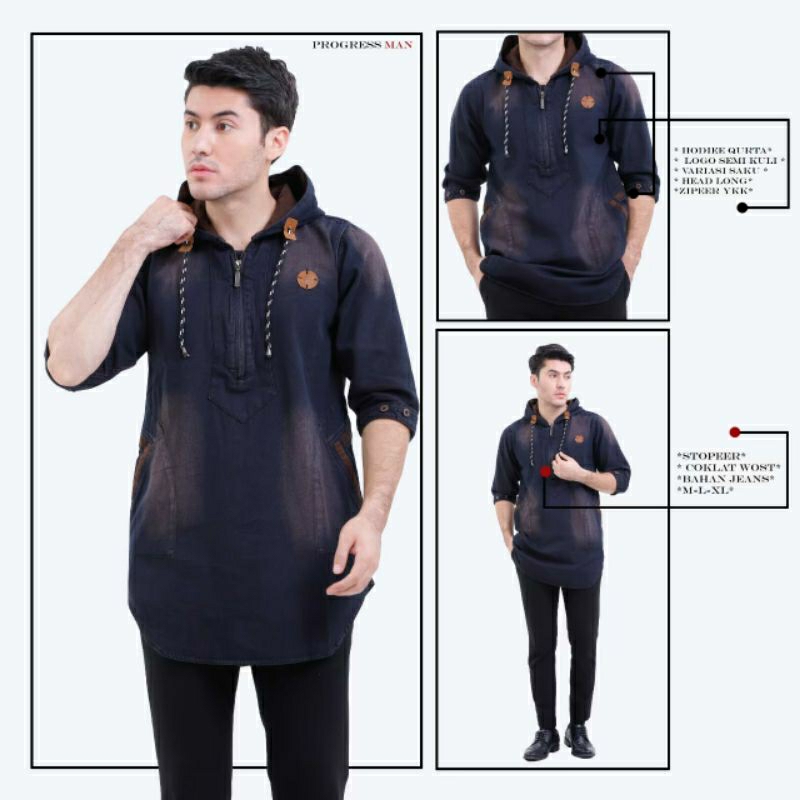 Baju muslim pria atasan qurta jeans hoodie model terbaru 2023(BISA COD)