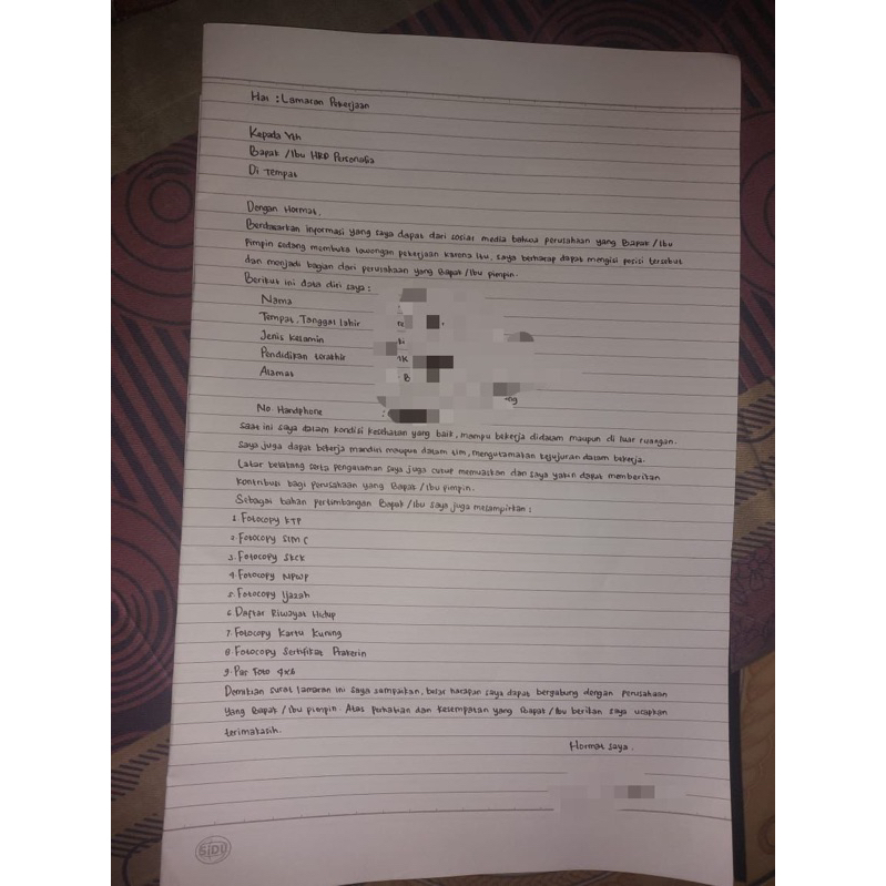 

Jasa Tulis Tangan Lamaran kerja/CV