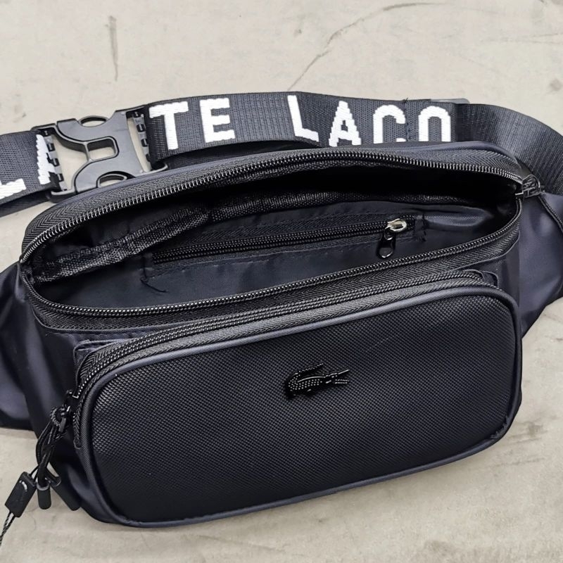 Waistbag Black Leather Grid / tas pinggang pria