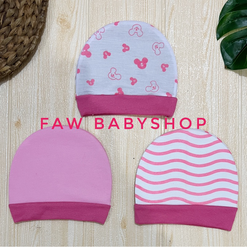 3 PCS Topi Kupluk Bayi 0-12 bulan | Topi Bayi Motif Print Murah Grey, Coksu, Pink, Bata Series