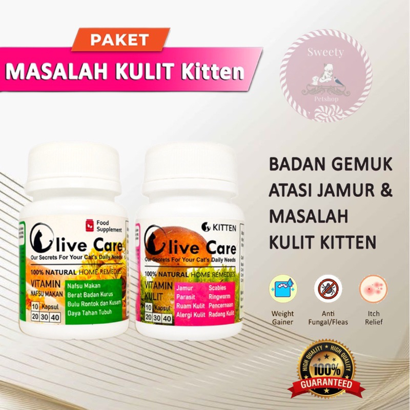 Olive Care Vitamin Kucing Paket GEMBUL &amp; MASALAH KULIT KITTEN Nafsu Makan, Bulu Rontok, Jamur, Kutu, Scabies, Ringworm  dan Masalah KulitSweetyPetshop