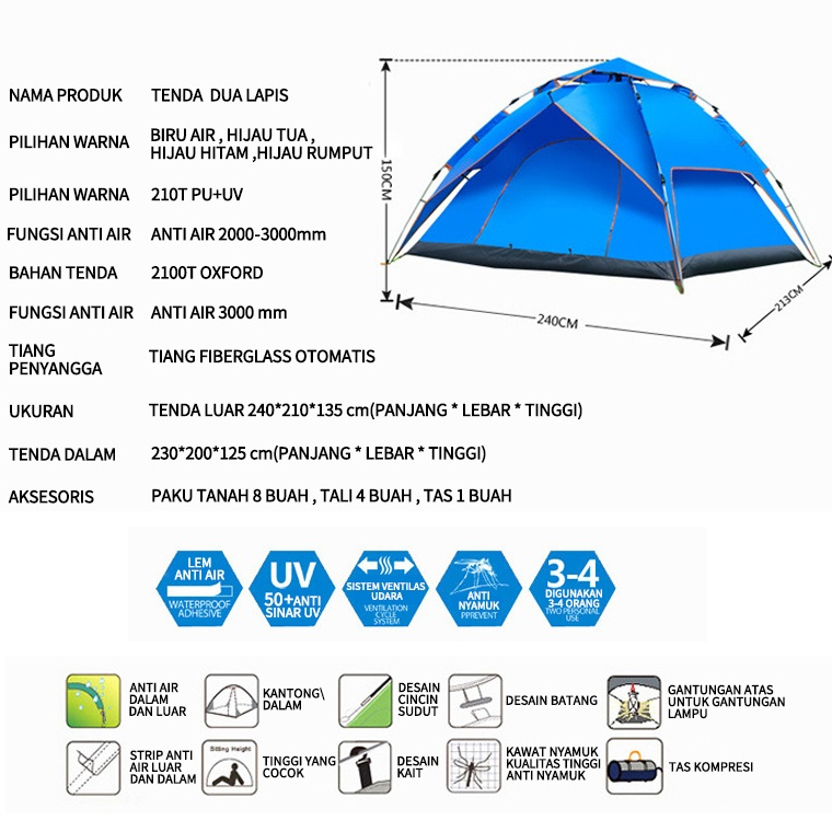 Tenda Camping 3-4 Orang Portable Waterproof Camping Tent / kebutuhan semalam yang liar Aksesoris Tenda