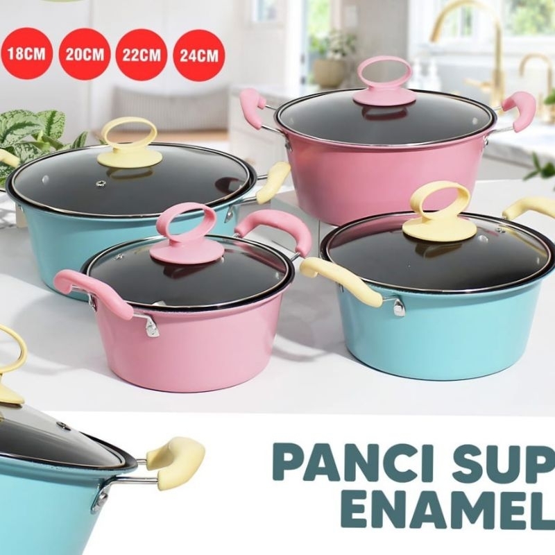 Panci Sop Enamel 18 cm Tutup Kaca/ Panci Sop Enamel Stainless / Soup Pot Panci