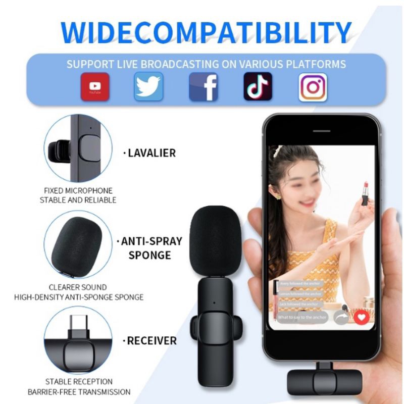 Microphone Wireless HP Vlog Kreator Mic Clip Mikrophone Rekam Suara Jernih Live Streaming Youtuber