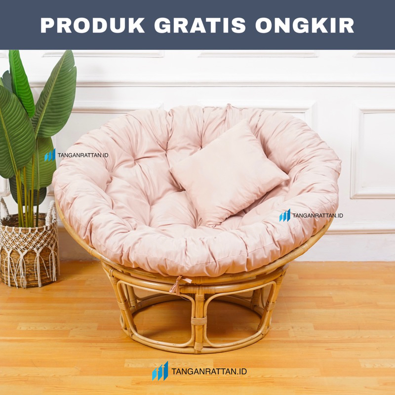 KURSI SANTAI PAPASAN ROTAN DENGAN KASUR DAN BANTAL / KURSI MINIMALIS PARABOLA BULAT FINISHING SOLID