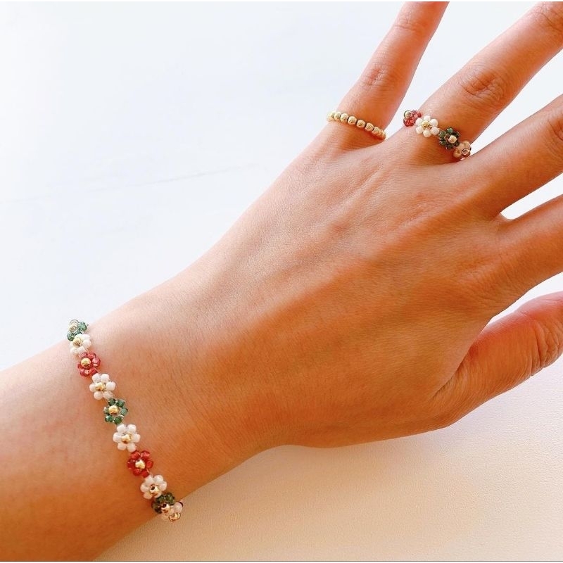 Set Gelang Cincin Daisy Flowe Red Green White Bunga