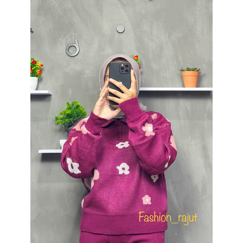 VELIN SWEATER RAJUT POLO MOTIF BUNGA