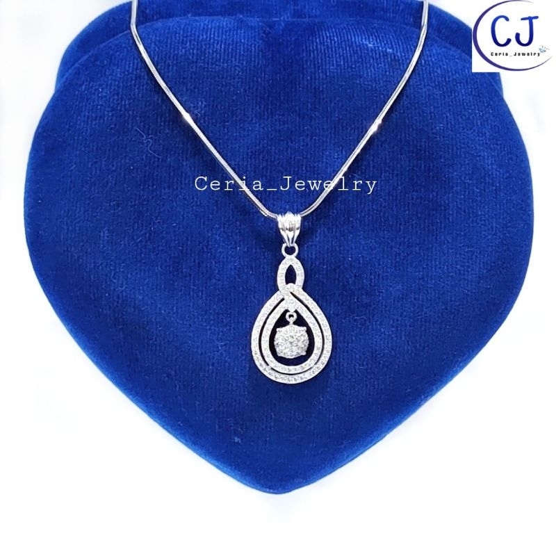 Kalung Perak Wanita Silver Asli 925 Lapis Emas Putih Cassandra Flexy Italy Liontin Permata Oval Gelombang - Perhiasan Perak Asli