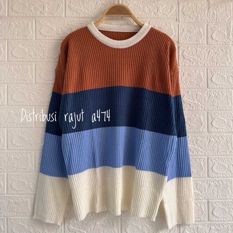 NAWAITU SWEATER RAJUT OVERSIZE MOTIF GARIS BLASTER STRIPE ATASAN LENGAN PANJANG