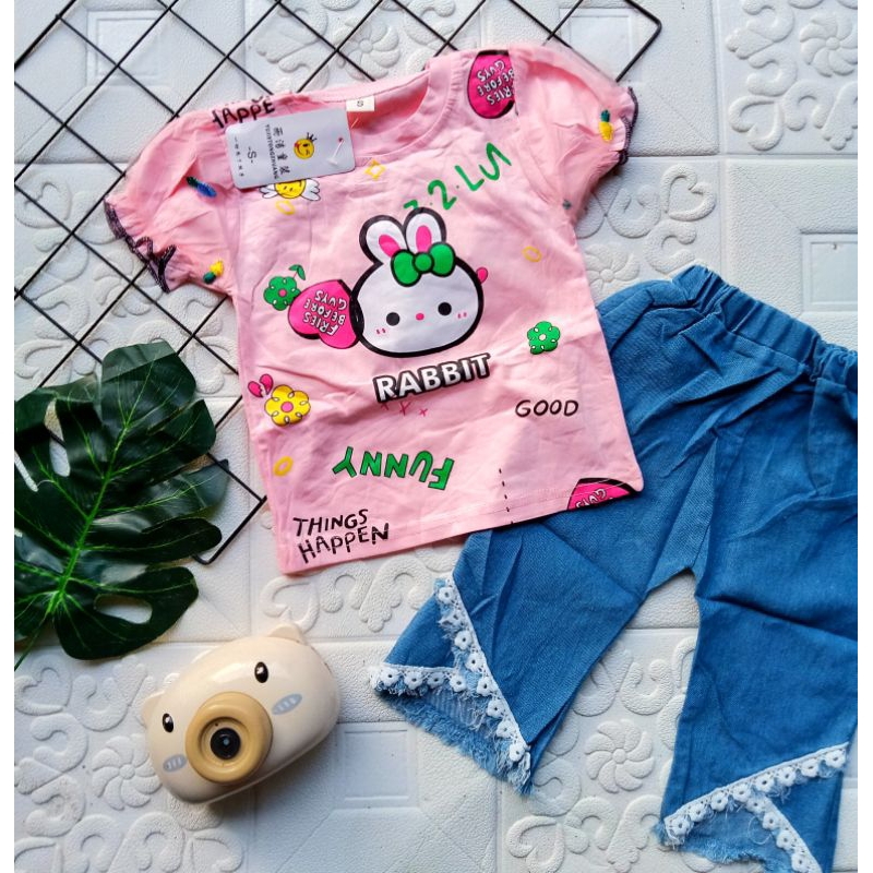 [1-5 th] Setelan anak perempuan atasan jins cherry import 1-5 tahun / Baju Setelan kaos celana Jeans cutbray mutiara anak cewek