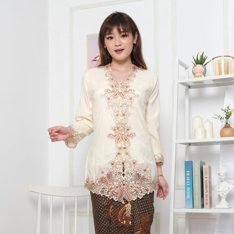 Kebaya encim modern katun silky Korea kombinasi brukat bordir body lengan panjang