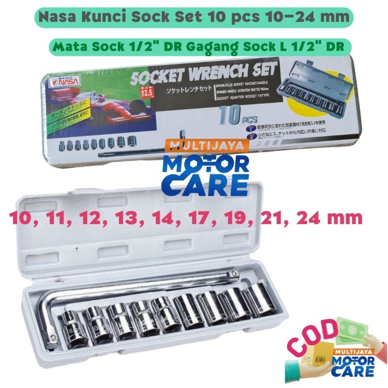 Socket Wrench Set Kunci Shock Sok Set 10 Pcs  Motor Mobil Gagang 1/2 Inch Mata Shock 8 10 11 12 13 14 17 19 21 22 24 mm