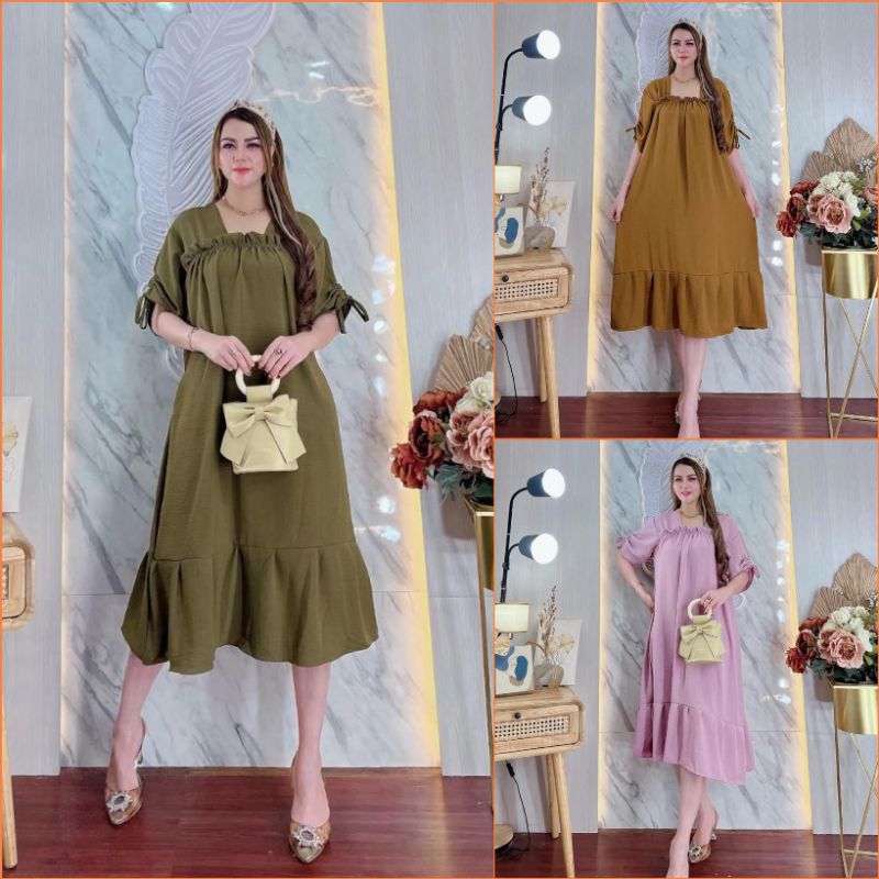 Dress Fuji Jumbo Lengan Serut Kringkel Premium Karet Dada Tali Samping Rempel