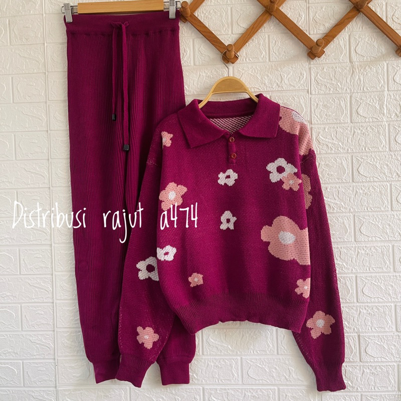 ONESET TANGSI POLO SWEATER BUNGA SETELAN CELANA KULOT JOGER RAJUT WANITA