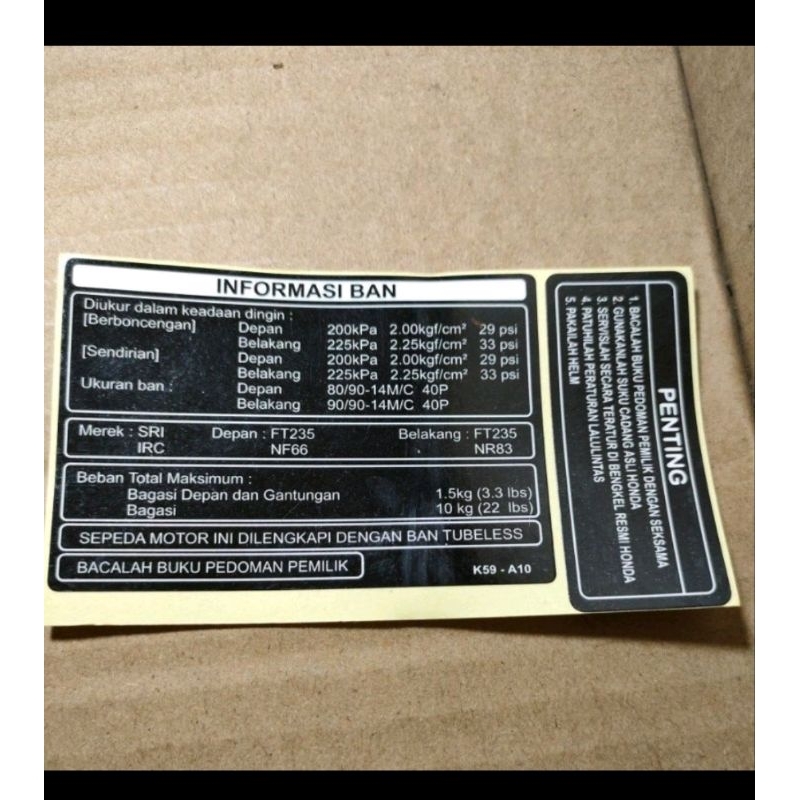 stiker informasi ban warning honda print bahasa Indonesia