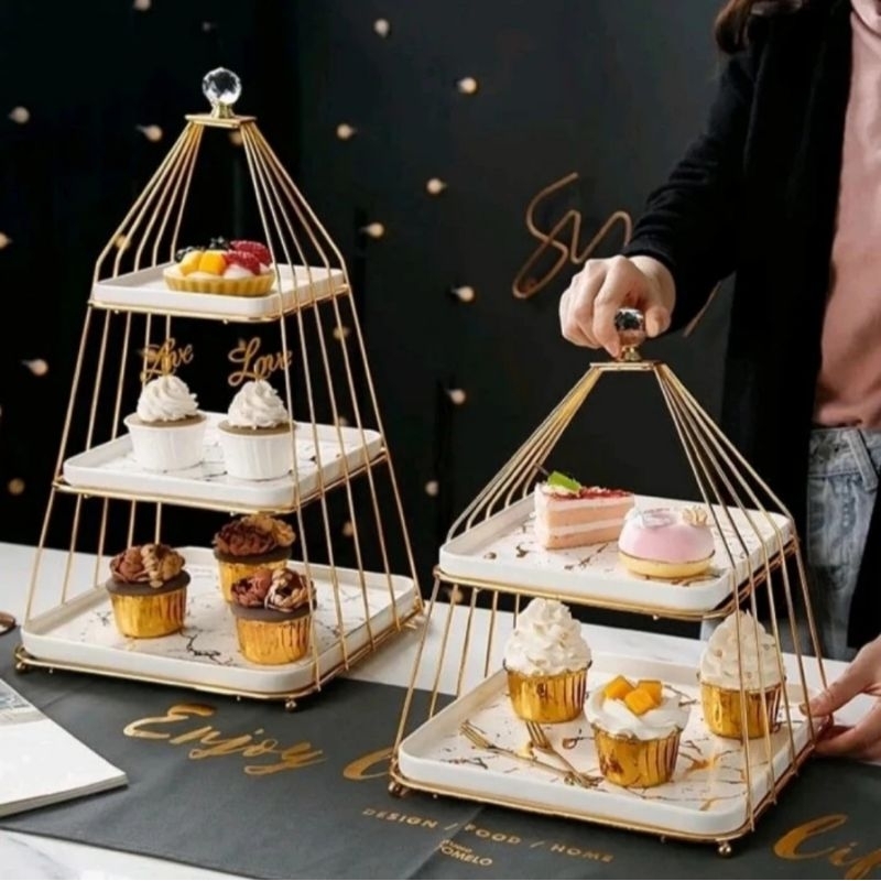 Gold Metal Pyramid Dessert Marble Tray for Cake Fruit