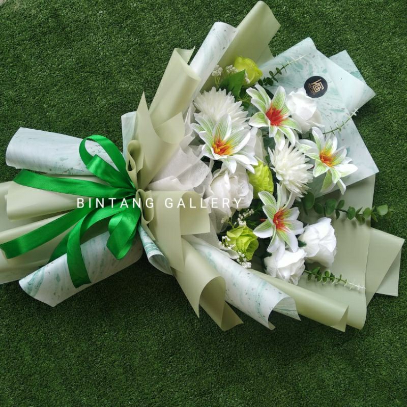 (65*53 CM ) BUKET BUNGA ARTIFICIAL / BUKET LAMARAN / BUKET TUNANGAN HIJAU