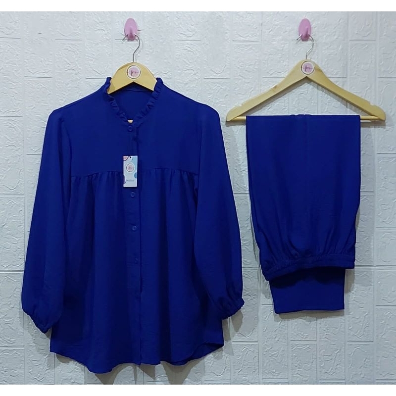 ONE SET RAYON CRINKLE AIRFLOW SETELAN // SETELAN RAYON CRINKLE AIRFLOW// DRESS RAYON // SETELAN RAYON  //BUSUI FRIENDLY//PIYAMA//PREMIUM//HOMEY//BUSUI-Biru Elektrik