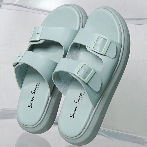 SARASARA YUK - JOI Sandal Wanita Wedges Birken Tinggi 3cm Size 36 - 40 Casual Sendal Cewek Platform Gesper 37 38 39 untuk Jalan Pergi Santai Slop Warna Green Hijau Selop Premium Original Sara Sara Kekinian Terbaru Shoes ORI Mall Official Store