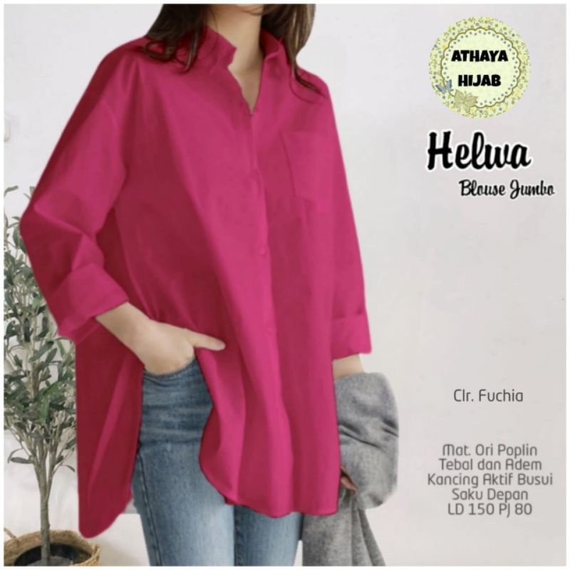 Blouse Jumbo Katun Poplin LD 150 Helwa Blus Jumbo Kemeja Atasan Wanita Big Size Polos Lengan Panjang