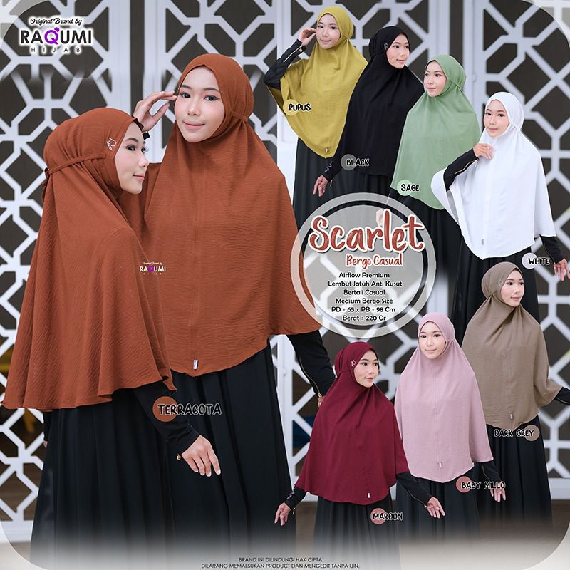 PROMO SCARLET BERGO CASUAL RAQUMI ORIGINAL | JILBAB BERGO TALI | JILBAB BATA | JILBAB AIRFLOW CRINCL