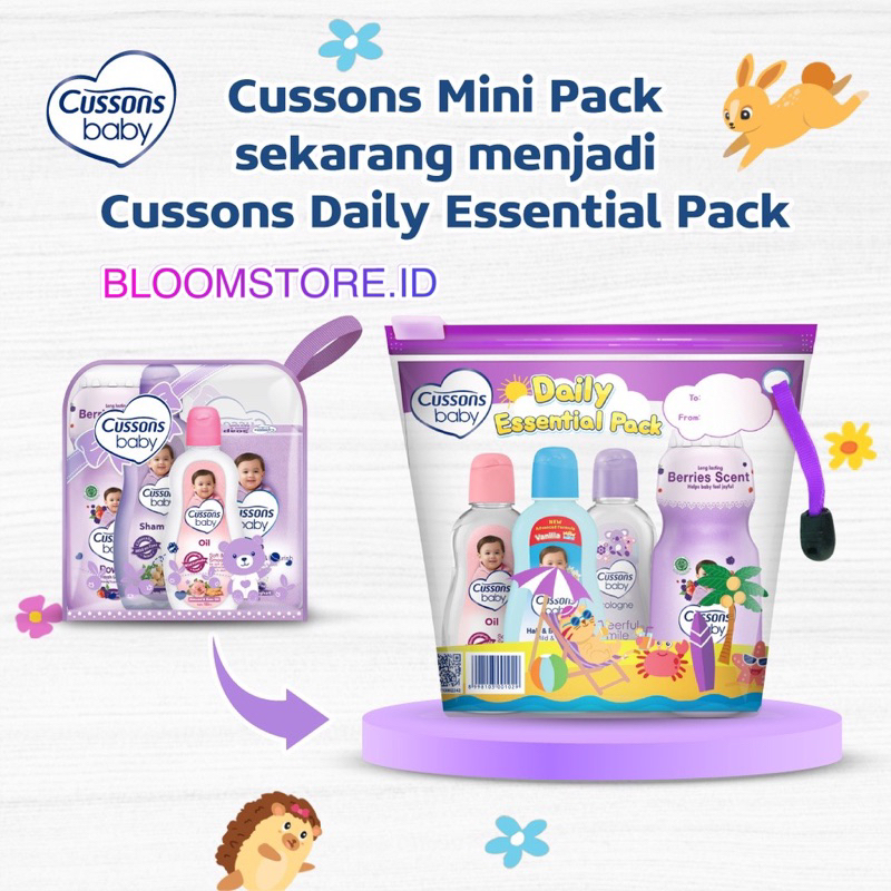 Cussons Baby Daily Essential Pack Gift Set Mini Bag Biru Blue Ungu Pink Purple isi 4 pcs 4pcs Paket Mandi Bayi Kado Hadiah Melahirkan Hampers Perlengkapan Mandi Bayi Baru Lahir Cusson Ukuran Kecil 4in1 Pcs Murah Original Promo Newborn Pack Sabun Shampoo