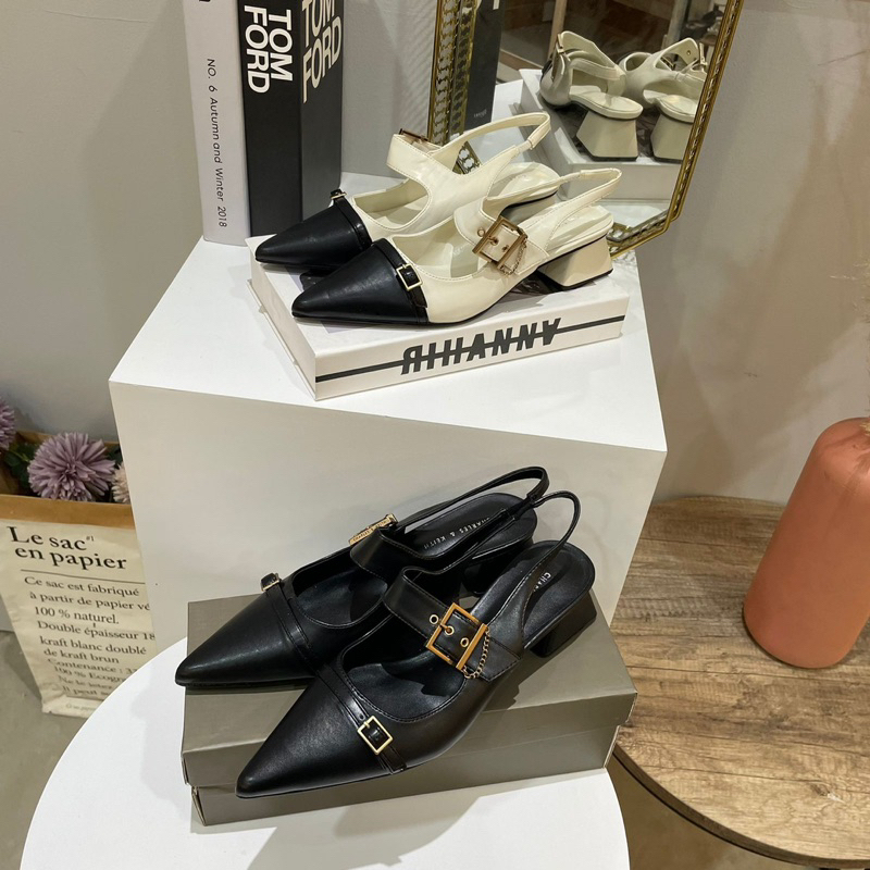 Chunky heels stripe back 3cm CK import high quality fashion shoes sepatu wanita hak tahu tali belaka