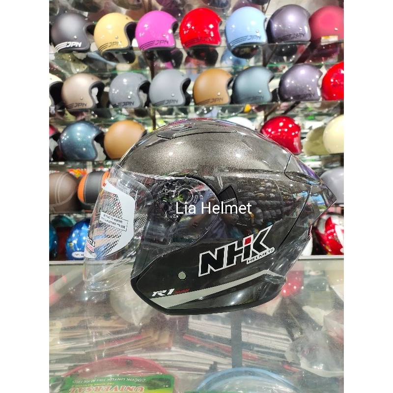helm half face NHK R1 Max Double Visor polos Gunmetal / Helm NHK R1 Max abu abu / Helm NHK R1 Max po