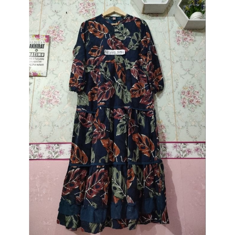 Gamis monstera motif daun preloved dress second pl muslimah syari maxy umbrella