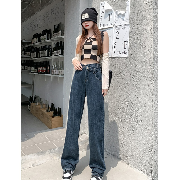 EUNII Celana Jeans Wanita Retro Boyfriend High Waist Korean Style