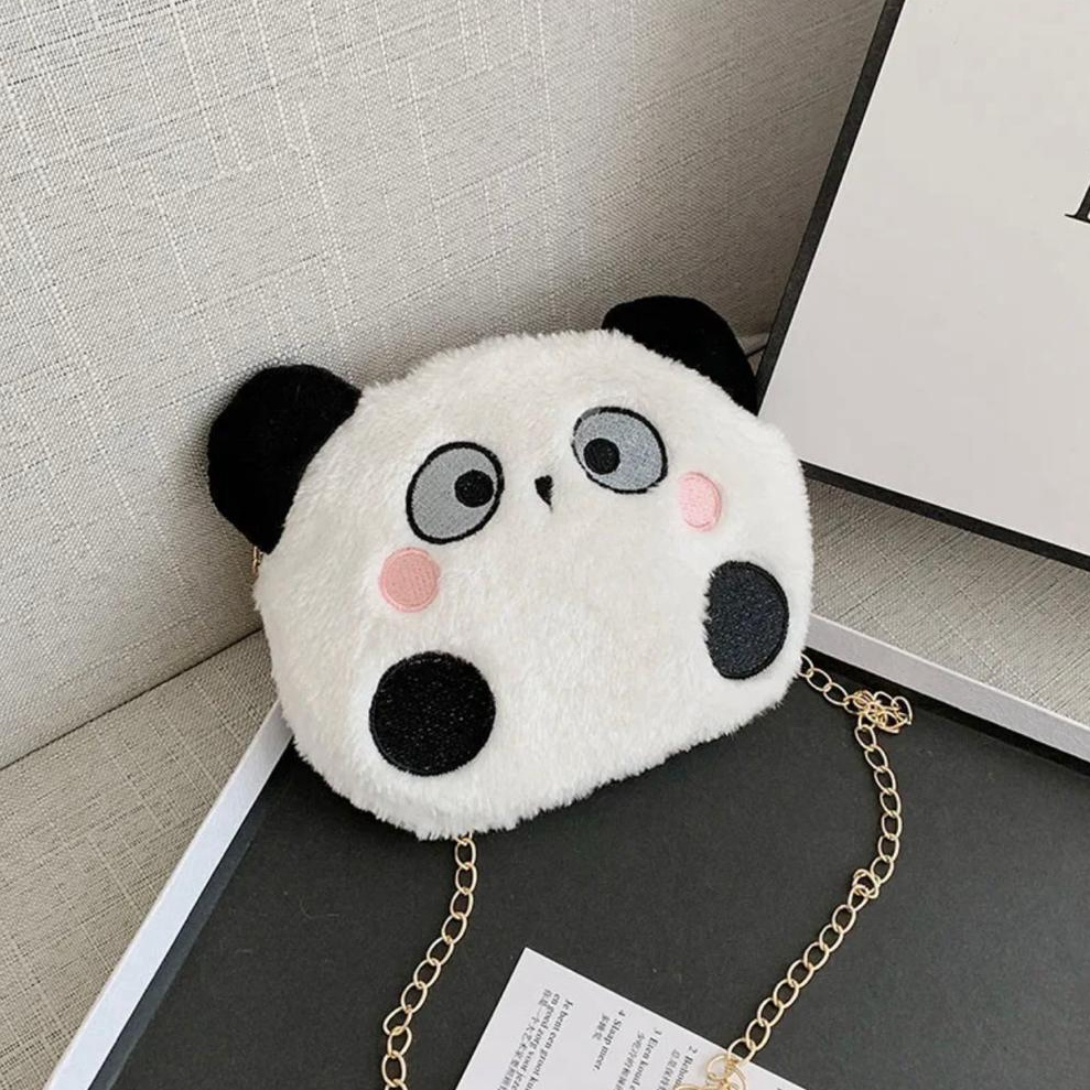 GGS Tas Wanita Tas Selempang Wanita Boneka Panda Tas bulu selempang bahu boneka kepala Panda ala gaya korea