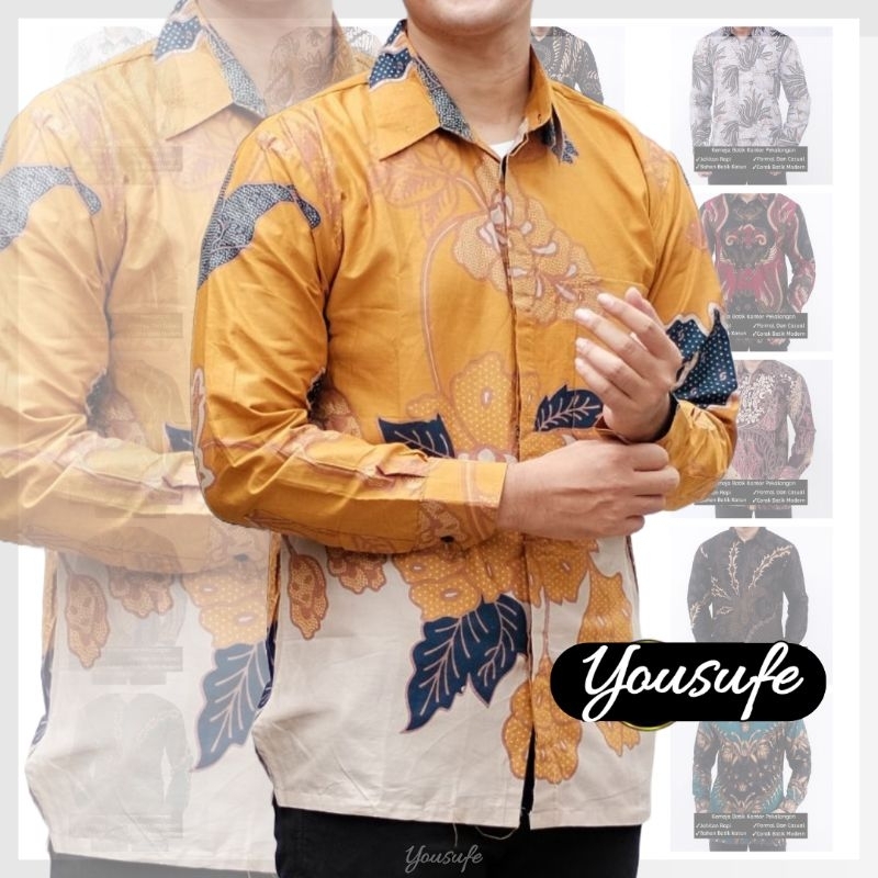 Kemeja Batik Pria Lengan Panjang Katun Motif Mawar Kuning Halus Seragam Kantor Kerja Kuliah Keluarga Sinoman Casual Formal MWRK03